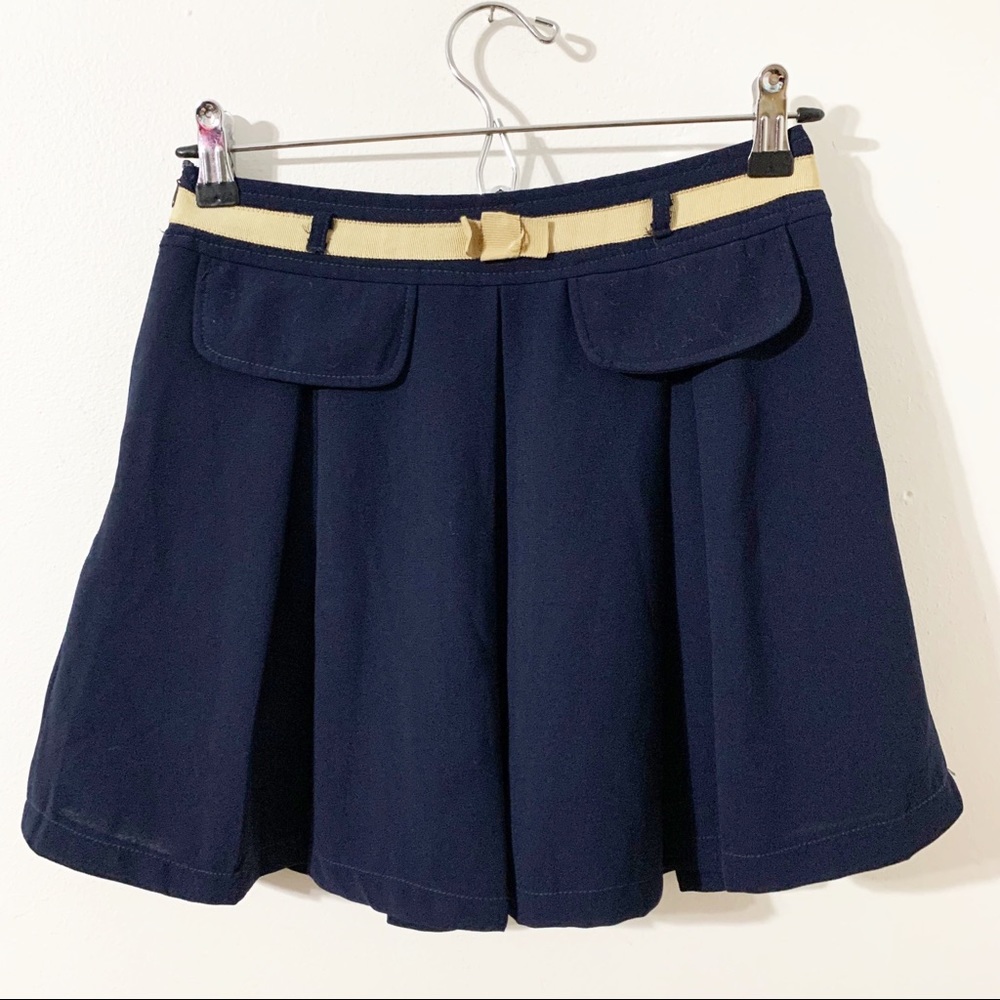 Echrilly Mike Box Pleated Mini Skirt Faux Pockets Grosgrain Ribbon Trim Detail